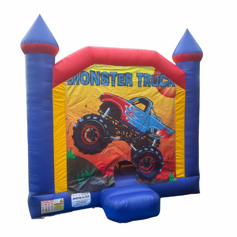 Jumping Castle Hire - Blue Combo Inside Slide - Monster Trucks