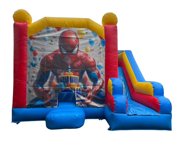 Jumping Castle Hire - Blue Comb Happy Birthday Spiderman Jumping Castle