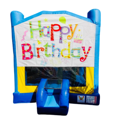Jumping Castle Hire - Obstacle Course - Yellow/Blue - Happy Birthday