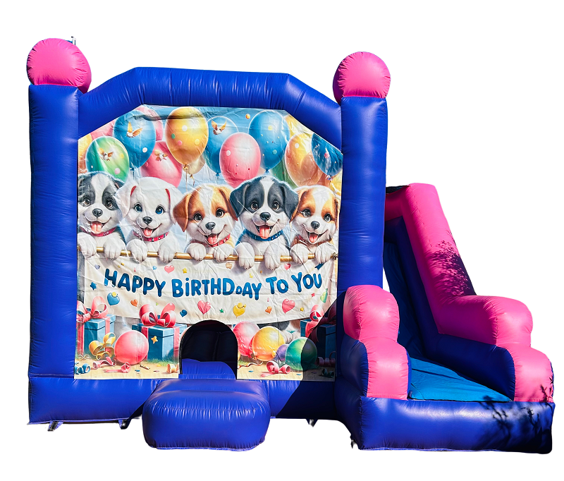 Jumping Castle Hire - Pink Combo Happy Birthday Puppies Jumping Castle