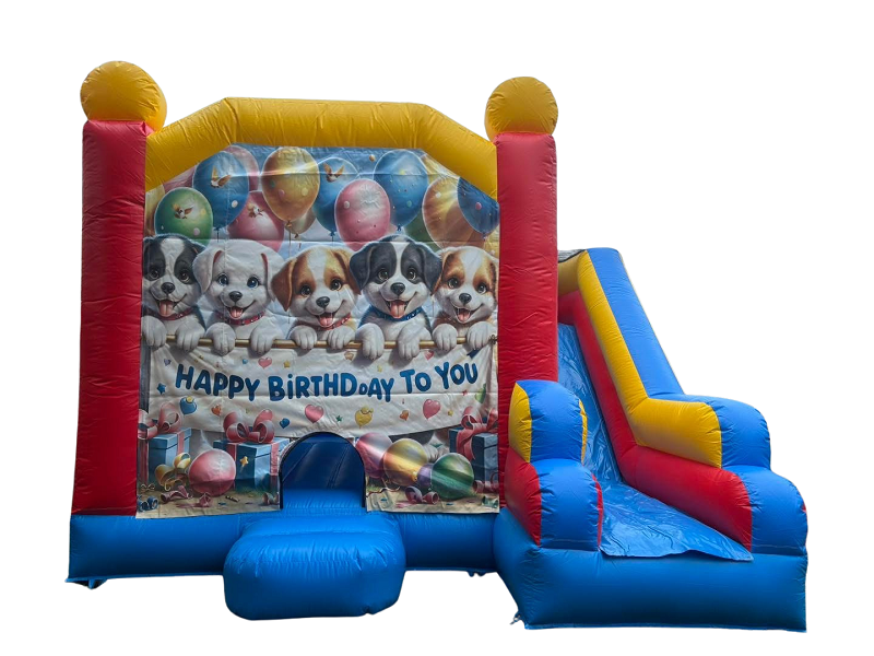 Jumping Castle Hire - Blue Comb Happy Birthday Puppies Jumping Castle