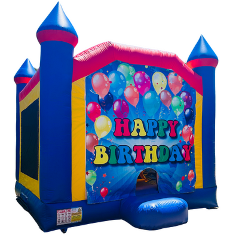 Jumping Castle Hire - Blue Combo Inside Slide - Happy Birthday