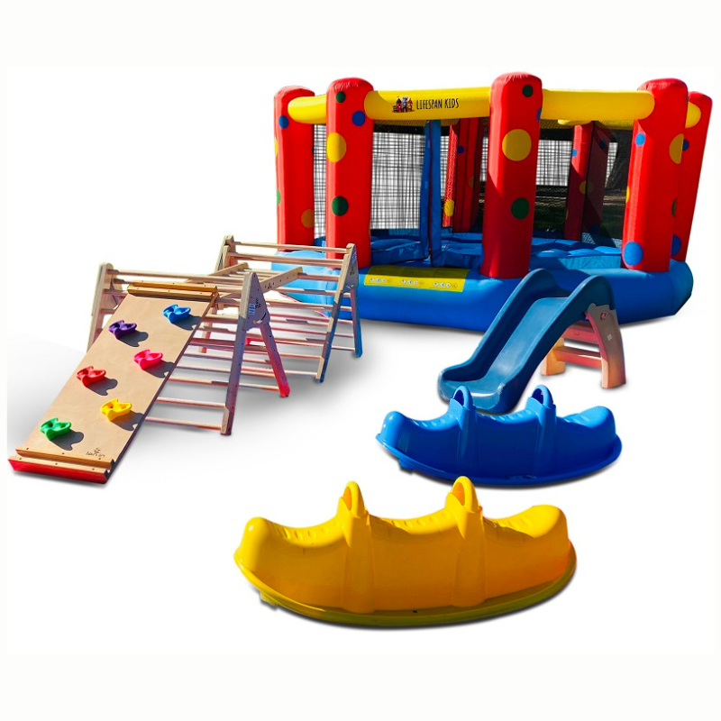 Toy Hire Package - Wooden Equipment - Rock & Climb - Jumping Castle - Slide & See Saws