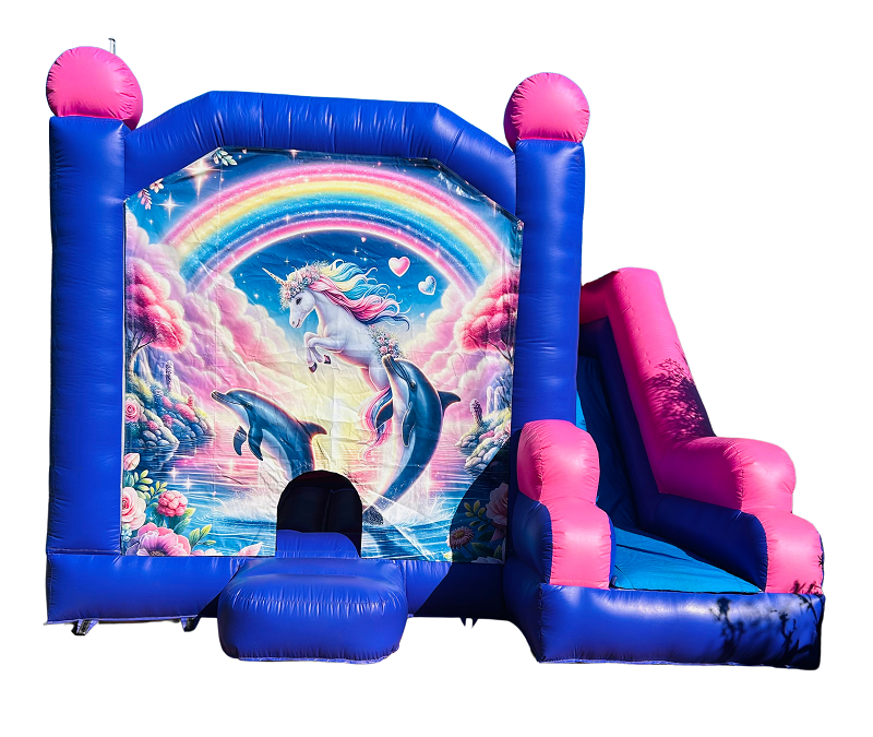 Jumping Castle Hire - Pink Combo Unicorn & Dolphins Jumping Castle