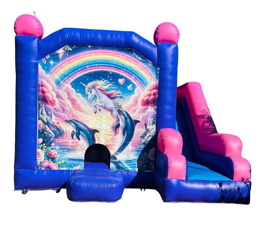 Jumping Castle Hire - Pink Combo Unicorn & Dolphins Jumping Castle