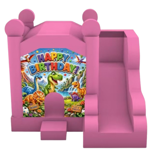Jumping Castle Hire - Pink Compact - Happy Birthday Dinosaur