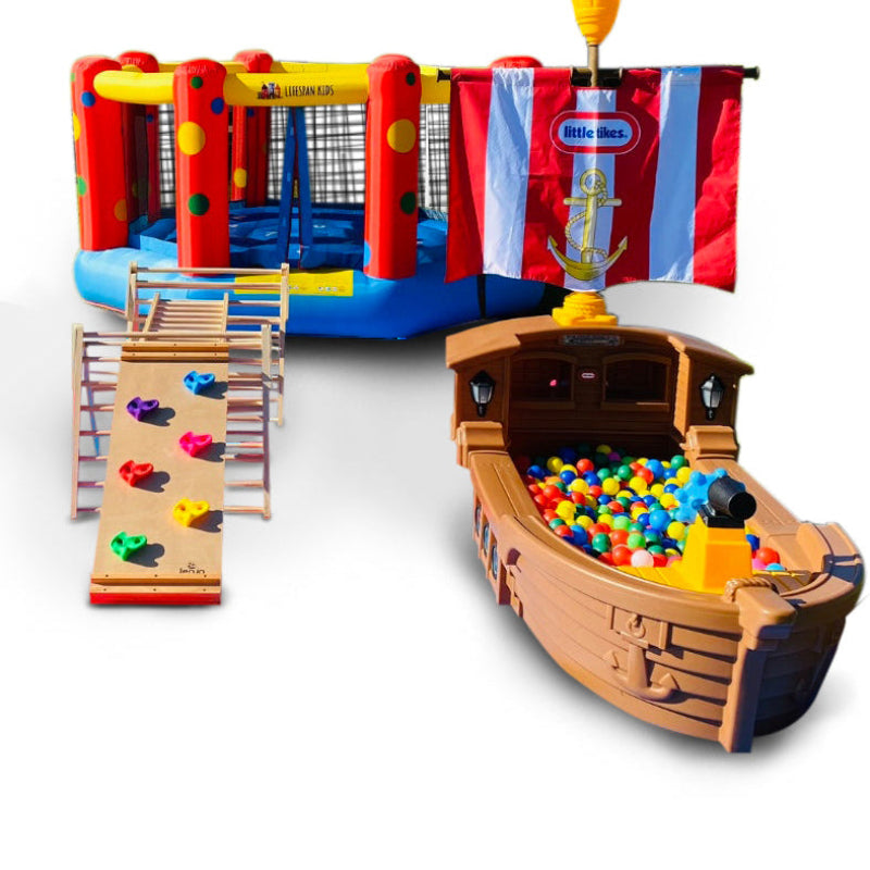Toy Hire Package - Wooden Equipment - Rock & Climb - Jumping Castle -  Pirate Ship Ball Pit