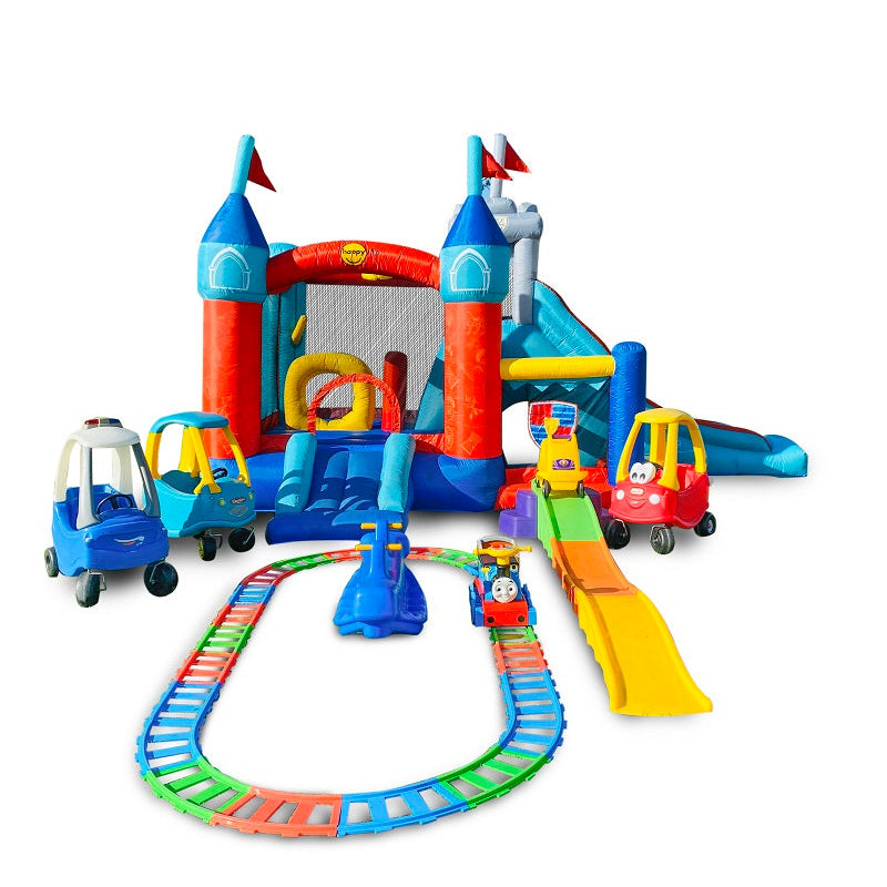 Toy Hire Package - Jumping Castle Little Tykes Cars x 3 Ride On Train Rollercoaster  & See Saw