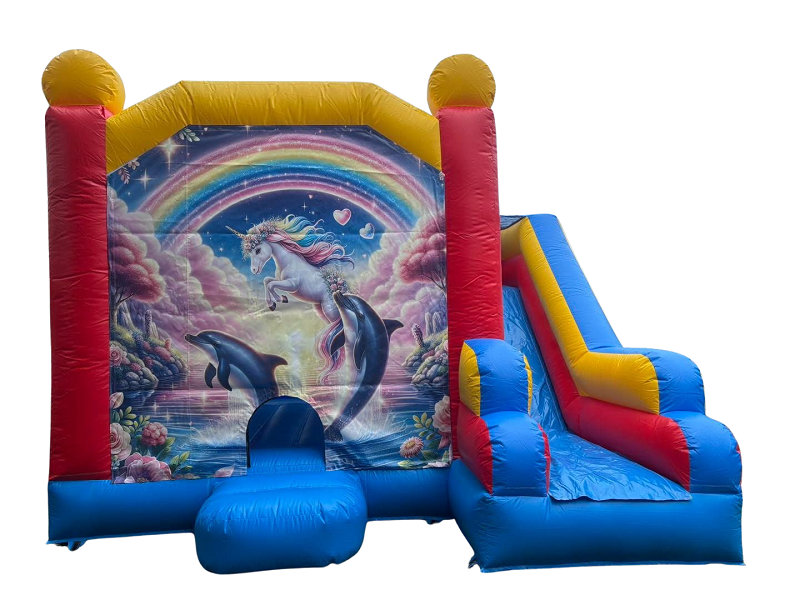 Jumping Castle Hire - Blue Comb Unicorn & Dolphins Jumping Castle