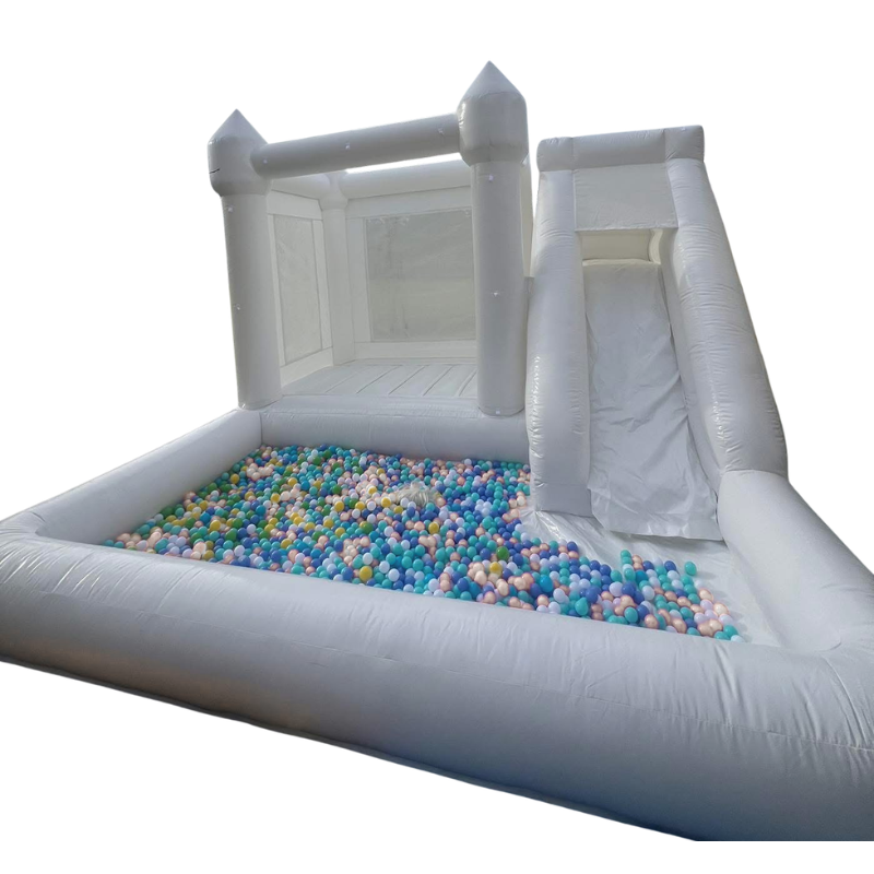 White Jumping Castle Hire - 4X4 Square Slide White jumping Castle & Huge Ballpit