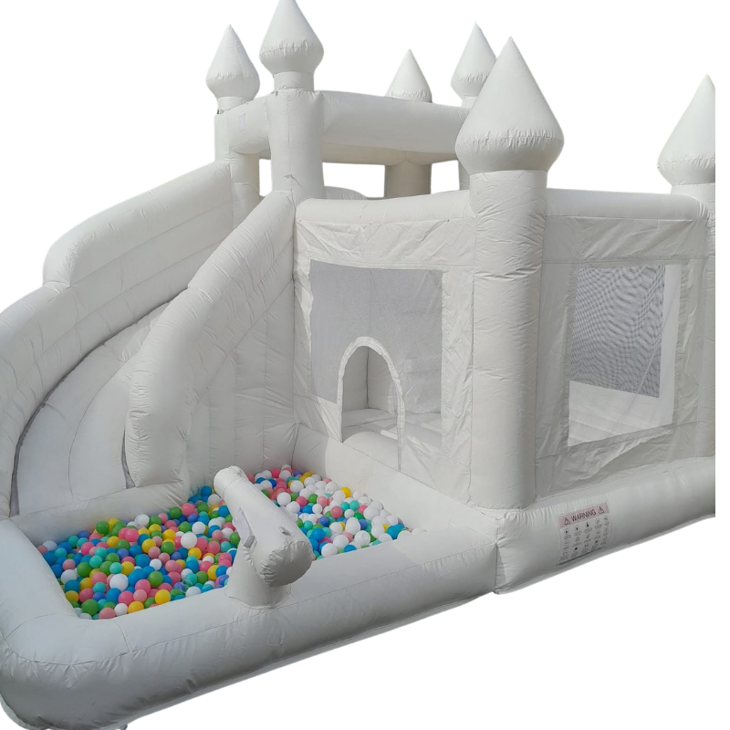 White Jumping Castle Hire - 4X4 Curved Slide White jumping Castle & Ballpit