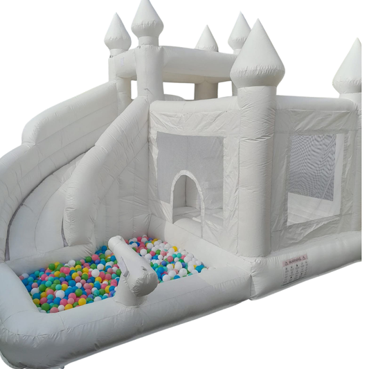 White Jumping Castle Hire - 4X4 Curved Slide White jumping Castle & Ballpit